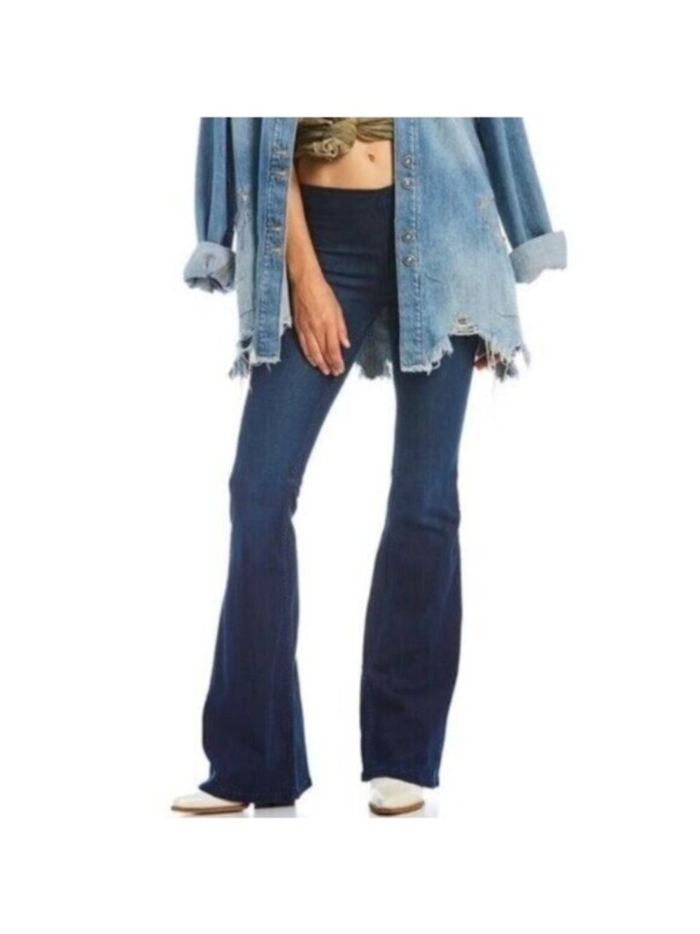 Free People Flare Boho Jeans Pull On Western Mod Dark Wash Stretch Low Rise - Picture 2 of 9